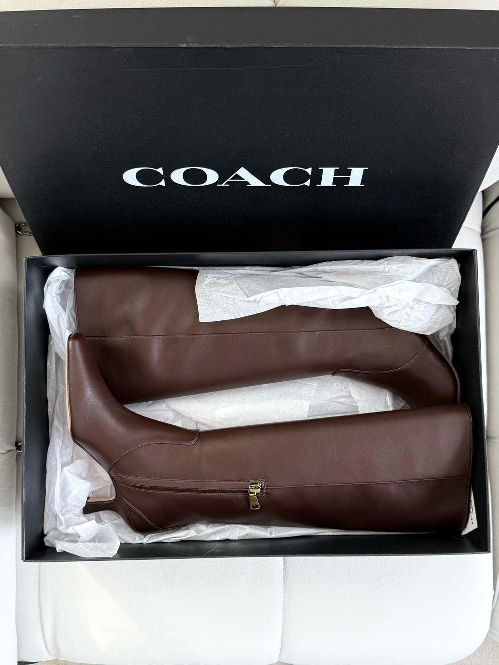 Coach Sculpt C Womens Maple Brown Leather Tall Kitten Heel Boot Sz 6.5B MSRP$325